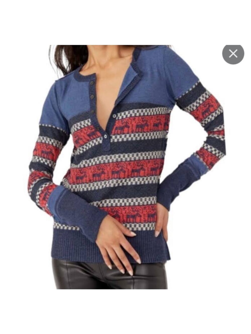 We The Free Sweater Womens M Blue Reindeer To The Woods Henley Thermal Top Crew